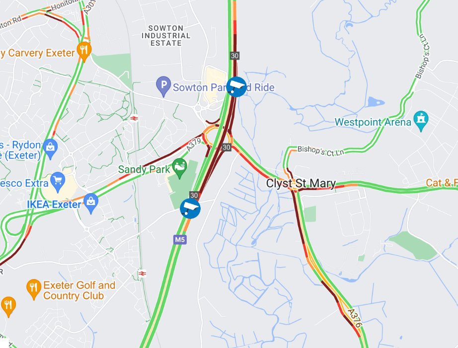 devonairradio's tweet photo. Two lanes closed and queueing traffic due to accident, a car and a motorcycle involved on M5 Southbound at J30 A376 Sidmouth Road (Exeter / Service Areas). Travel time is ten minutes. https://t.co/q9SgNLSHFS