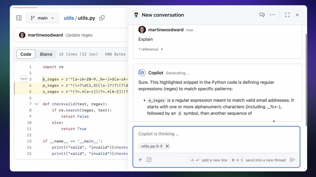 それだけではありません、Copilot ChatがGitHub.com上でも使えるようになります。GitHub.com上でソースコードについての説明や、Pull Requestの説明を生成するなど、GitHub上のさまざまな場所でCoiplotのサポートを得ることができるようになります。 #GitHubUniverse