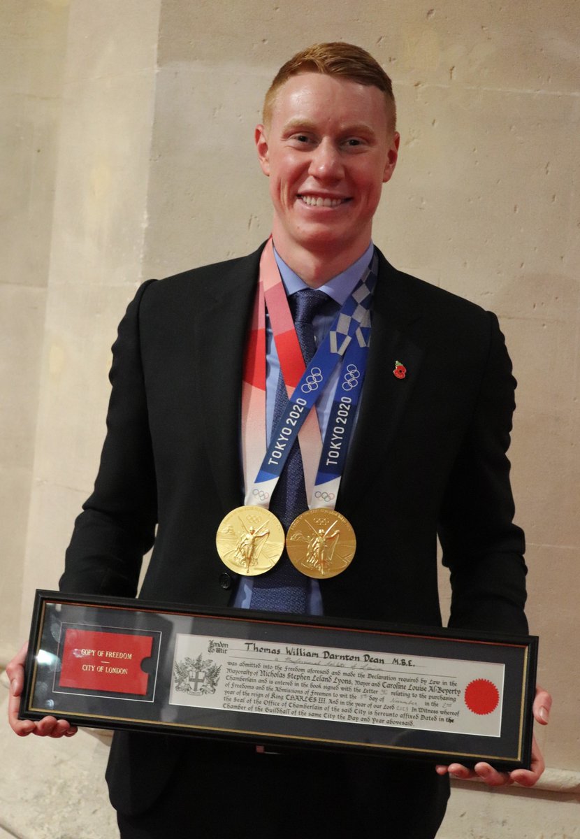 Freestyle swimming double Olympic gold medallist Tom Dean, MBE, received the Freedom of the City of London at a ceremony today. We are delighted to recognise someone who is a role model for anyone wanting to participate in sport. bit.ly/47pMdJm @tomdean00