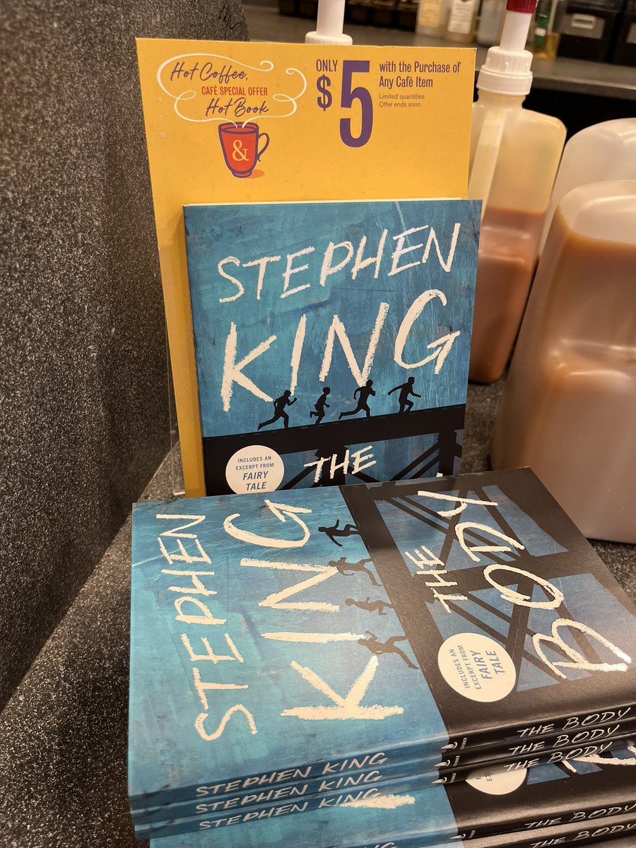 AnnaHuhta's tweet photo. @bnbooks know how to sell books. Like I need any encouragement. First you buy pile of books, then you get a coupon that gives you $1 off from your coffee. Then you get to the coffee counter! $5 book! A steal! @StephenKing https://t.co/Xf5wBJJgY6