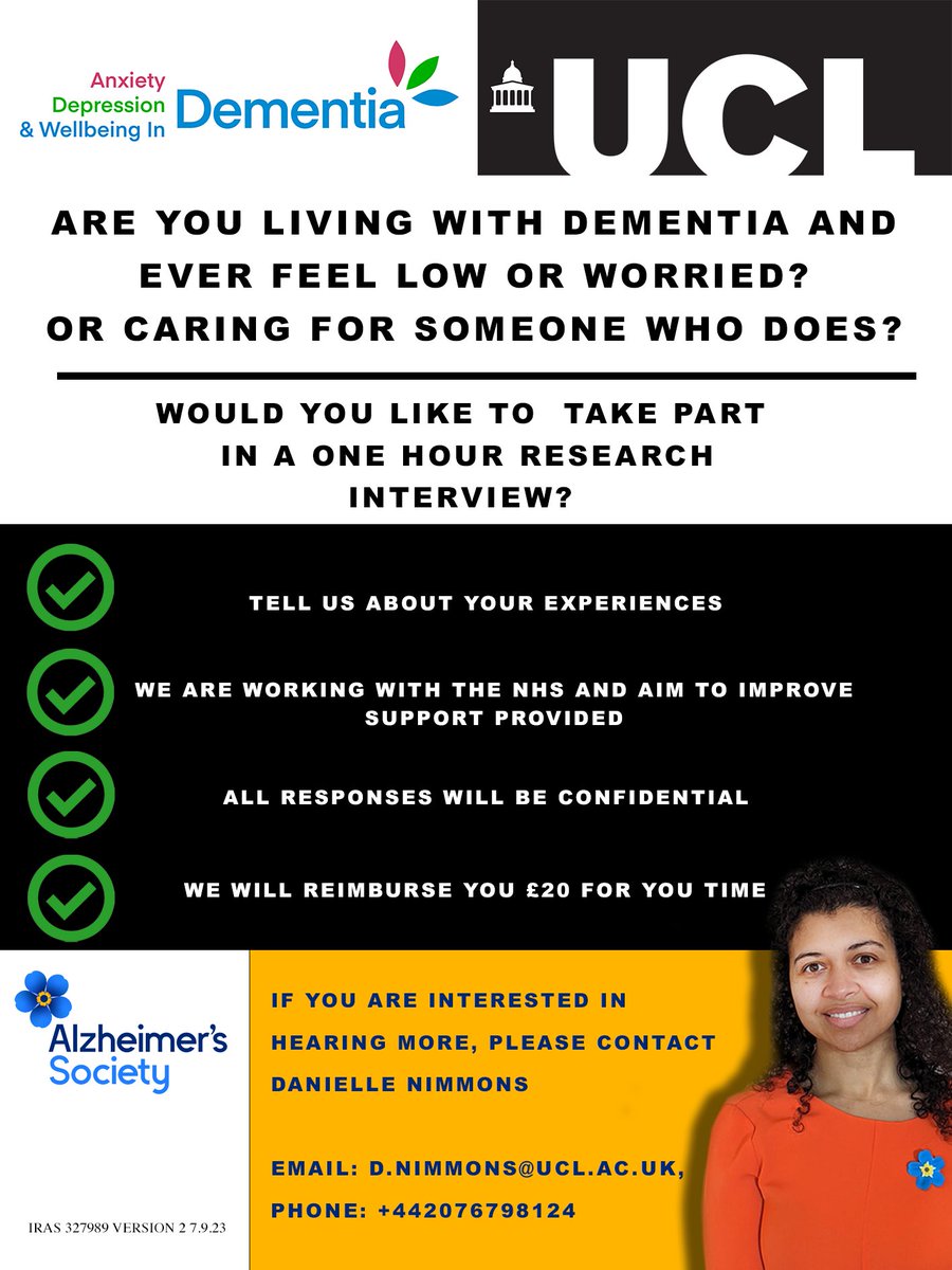 Dementia UK (@dementiauk) on Twitter photo Do you live with #dementia and experience anxiety or depression? Or do you care for someone who does?
@DanielleNimmons would love to hear your views on anxiety and depression support and management.
For more information, please email Danielle Nimmons: d.nimmons@ucl.ac.uk Do you live with #dementia and experience anxiety or depression? Or do you care for someone who does?
@DanielleNimmons would love to hear your views on anxiety and depression support and management.
For more information, please email Danielle Nimmons: d.nimmons@ucl.ac.uk