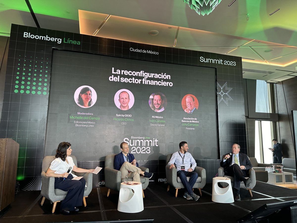 value_fam's tweet photo. Arranca el segundo panel del #BloombergLíneaSummit2023 de @Bloomberg con el tema “La reconfiguración del sector financiero” con la participación de Julio Carranza presidente de la @AsocBancosMx, Ricardo Olmos de @Spin_by_OXXO e Ivan Canales de @nubank. https://t.co/G0L6MBjA9w