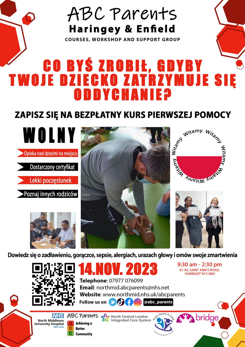 🇵🇱 Calling all Polish parents! for a FREE First Aid Course on Nov 14th Nxt week Tuesday. forms.office.com/Pages/DesignPa… #FirstAidTraining #SafetyFirst @HaringeyNCLICB @EnfieldNCLICB @EnfieldCouncil @haringeycouncil @BridgeRenewal @NorthMidNHS @EveryParentChd