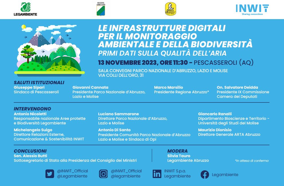 📅 Vi ricordiamo l’appuntamento del #13novembre con #INWIT e <a href="/Legambiente/">Legambiente</a> per presentare i primi dati sulla qualità dell’aria dei Parchi e Riserve dell’Appenino Centrale coinvolti nel progetto di monitoraggio ambientale e della biodiversità.

Vi aspettiamo a #Pescasseroli alle