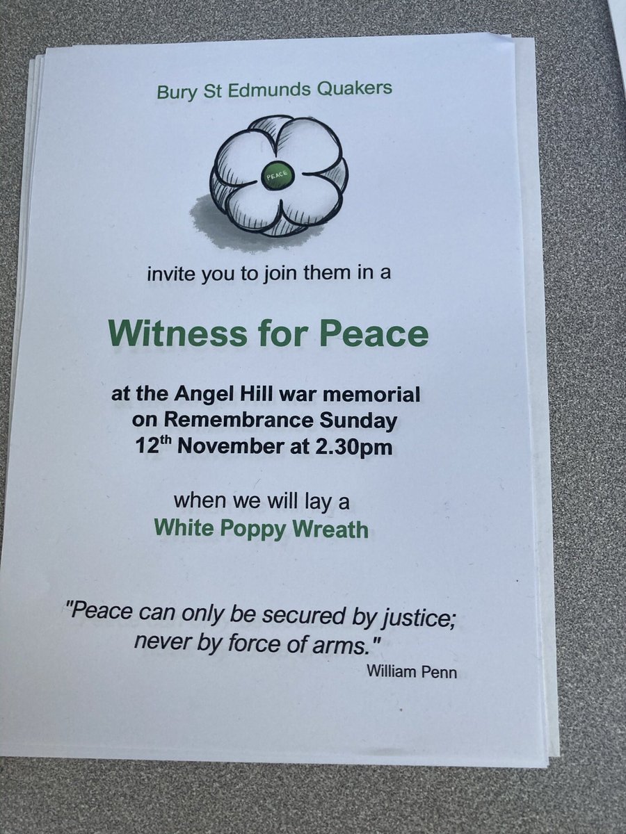 BSEQuakers's tweet image. All are welcome at the white poppy wreath laying, Remembrance Sunday, 12th November at the War Memorial, Angel Hill starting at 2.30pm.
@PPUtoday #whitepoppy #Remembrance
