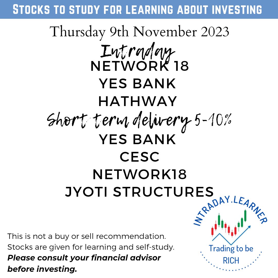 Stocks to study on 9th November 2023
by <a href="/LearnerIntraday/">Intraday.Learner</a>

#navimumbai
#intradaytrading #rich
#StockMarketindia #sharemarketindia #sensex #GIFTNIFTY #nifty50 #NiftyBank #dalalstreet #money #trading #trending #bhfyp #instagood #indianstocks  #indianstockexchange #StockMarketindia