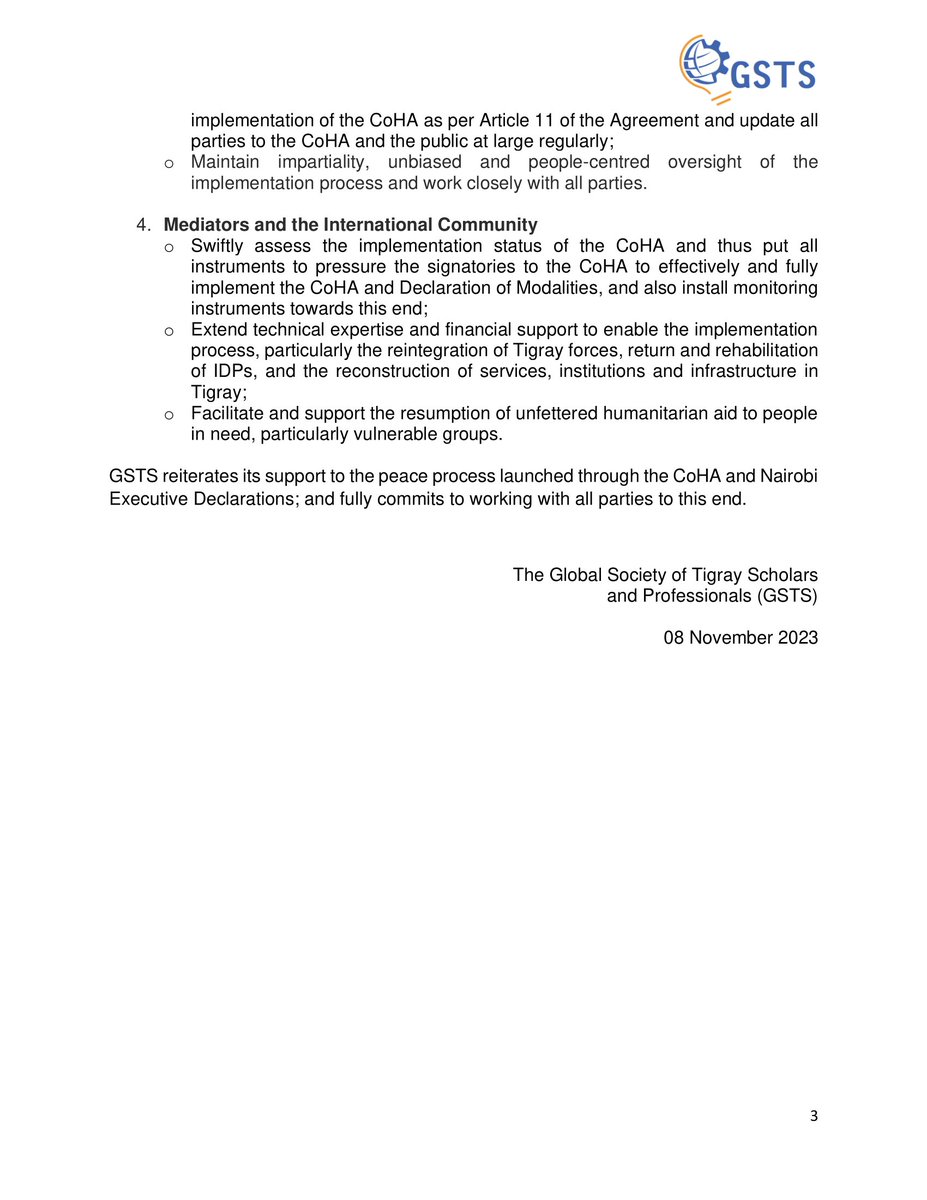 Press Release: Marking the First Anniversary of the Cessation of Hostilities Agreement &amp; Addressing Statements from Parties to the CoHA
<a href="/AbiyAhmedAli/">Abiy Ahmed Ali 🇪🇹</a> <a href="/reda_getachew/">Getachew K Reda</a> <a href="/AUC_MoussaFaki/">Moussa Faki Mahamat</a> <a href="/CyrilRamaphosa/">Cyril Ramaphosa 🇿🇦</a> <a href="/OluObasanjo/">Olusegun Obasanjo</a> <a href="/phumlambongcuka/">Phumzile Mlambo-Ngcuka</a> <a href="/SecBlinken/">Secretary Antony Blinken</a> <a href="/JosepBorrellF/">Josep Borrell Fontelles</a> <a href="/MikeHammerUSA/">Mike Hammer</a> <a href="/EUSR_Weber/">Annette Weber</a>