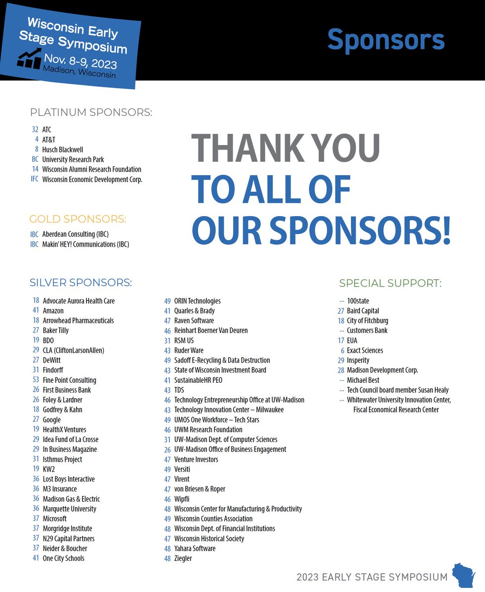 WiscTechCouncil's tweet photo. Thanks to sponsors of the annual Wisconsin Early Stage Symposium #ESSWi. We couldn’t do it without you! https://t.co/X2Ym5fgdW0