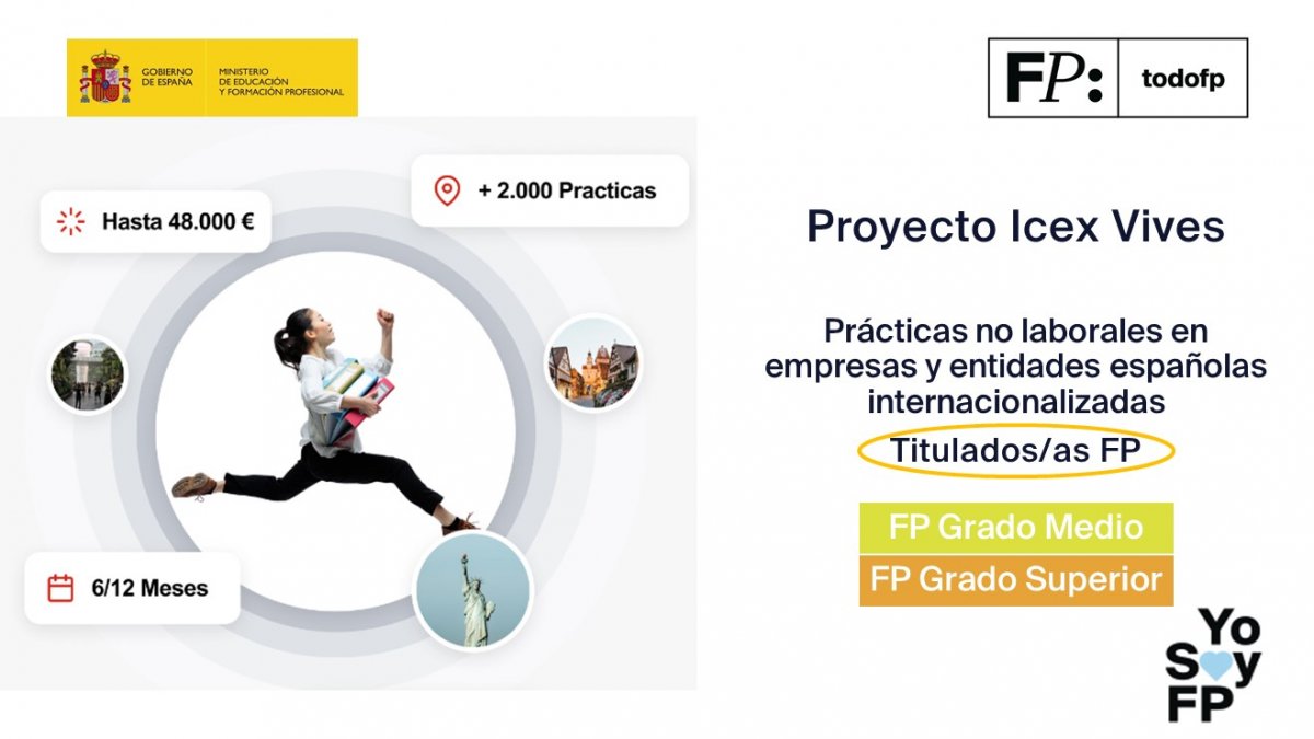 📢 Proyecto Icex Vives: Prácticas no laborales en empresas y entidades españolas internacionalizadas
#YoSoyFP #TodoFP 
🔴Si tienes entre 18 y 30 años y eres titulado/a en FP de Grado Medio o Grado Superior, esta convocatoria te interesa. 
🔎 vives.icex.es