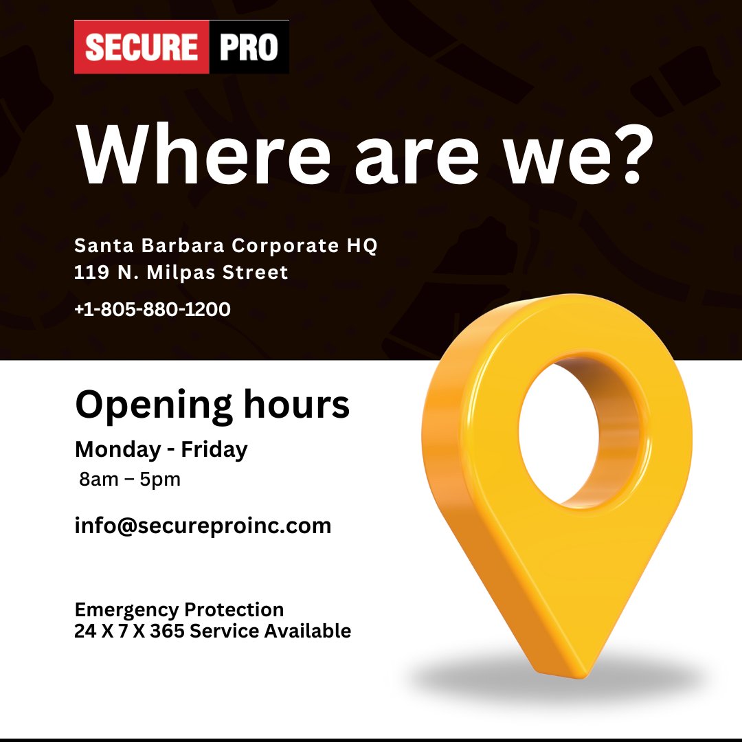 secureproslo's tweet photo. Visit our HQ in Santa Barbara for expert security solutions. Open Mon-Fri, 8 am - 5 pm. For emergencies, reach us 24/7 at +1-805-880-1200. 🏢🕰️ #SecurePro #SecuritySolutions #SantaBarbara https://t.co/WMMm7QCR9x