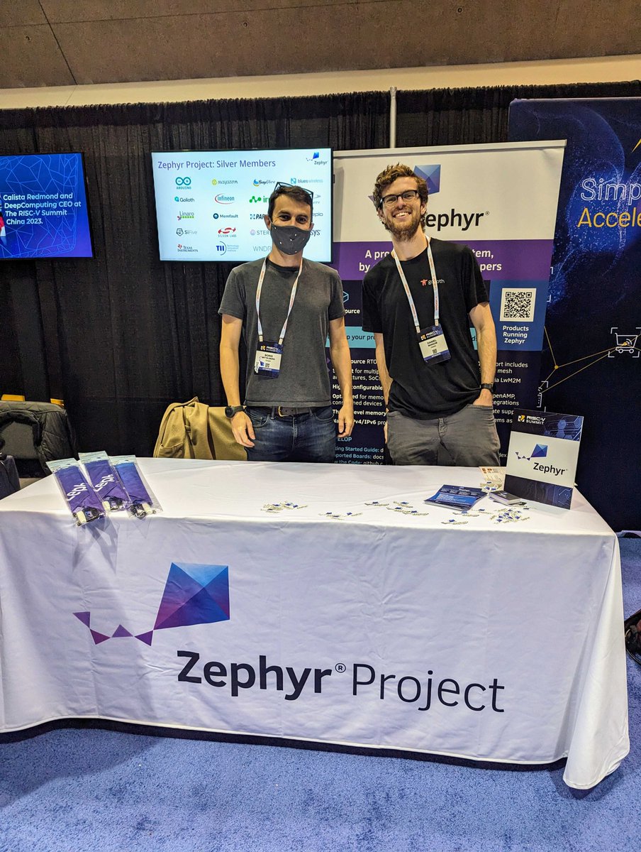 ZephyrIoT's tweet image. Day 2 at #RISCVSummit! Visit the #ZephyrRTOS booth to chat with  
@hasheddan, Boris Mittelberg, @_kate_stewart &amp;amp; more! @ZephyrIoT @linuxfoundation @risc_v @antmicro @golioth_iot @Google #RISCVEverywhere #RTOS #embedded #opensource