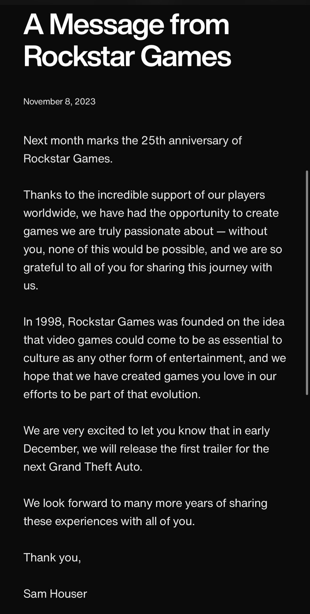 A Message from Rockstar Games