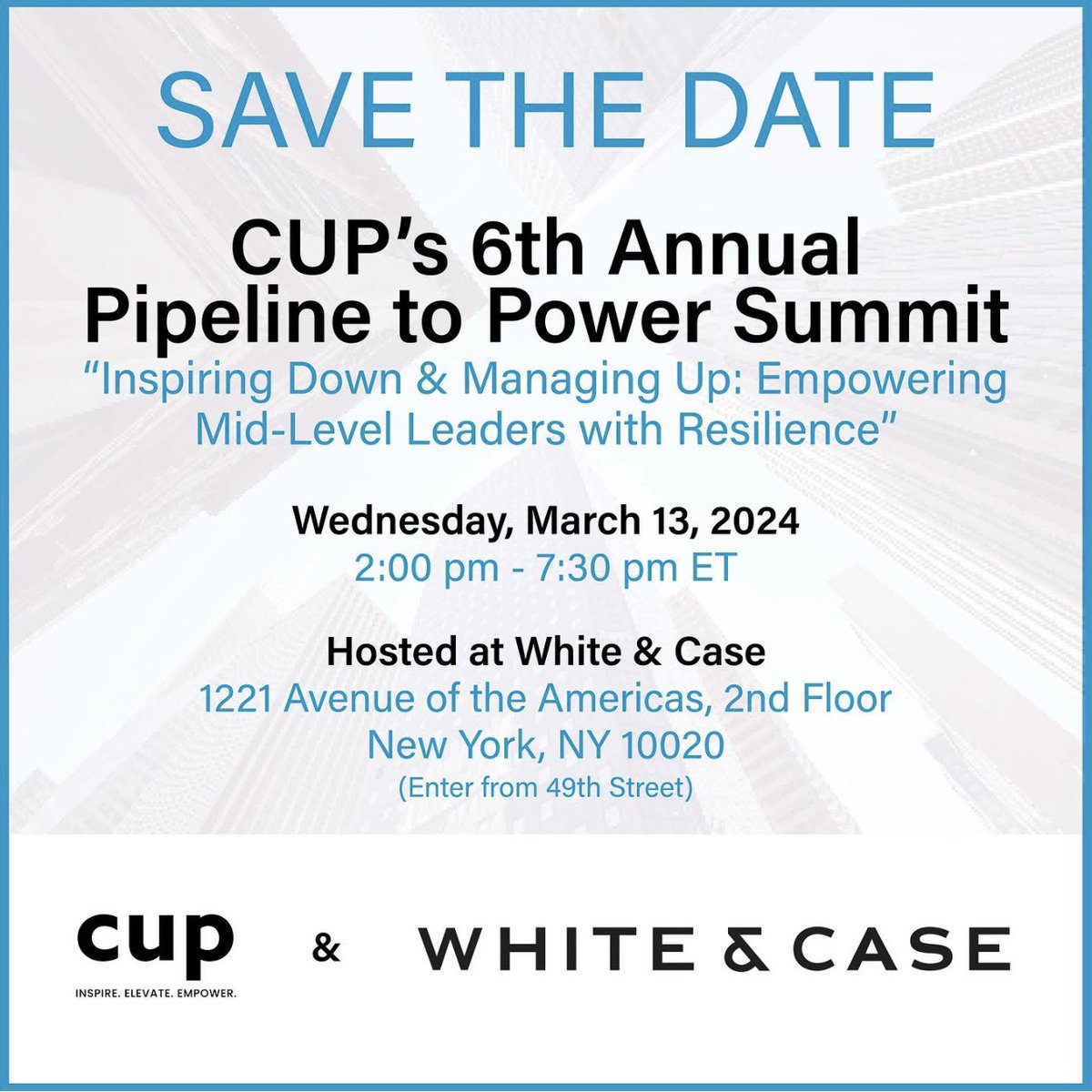 SAVE THE DATE! Wed., March 13, 2024 | 2pm - 7:30pm ET | CUP’s 6th Annual P2P Summit – Hosted by White &amp; Case. This year’s summit theme is “Inspiring Down &amp; Managing Up: Empowering Mid-Level Leaders with Resilience.” Register Now! lnkd.in/dbnRAzYn #cupp2p24 #cupusa