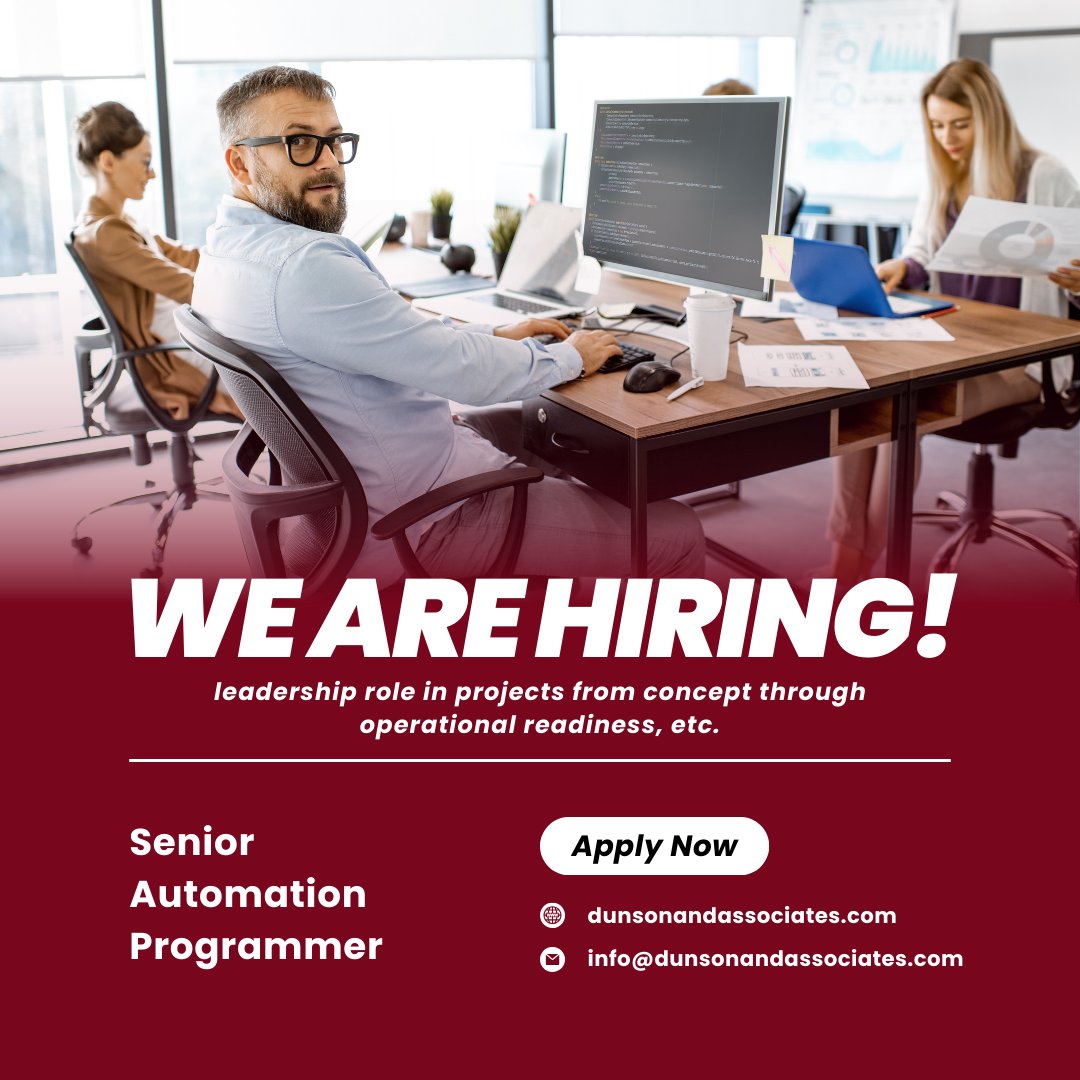 Dunson_Jobs's tweet image. Our Programmers occasionally provide after hour client support and have overnight travel trips for projects.
Learn more and apply: bit.ly/3SaXk4h
#seniorautomationprogrammer #seniorprogrammer #hiringseniorprogrammer