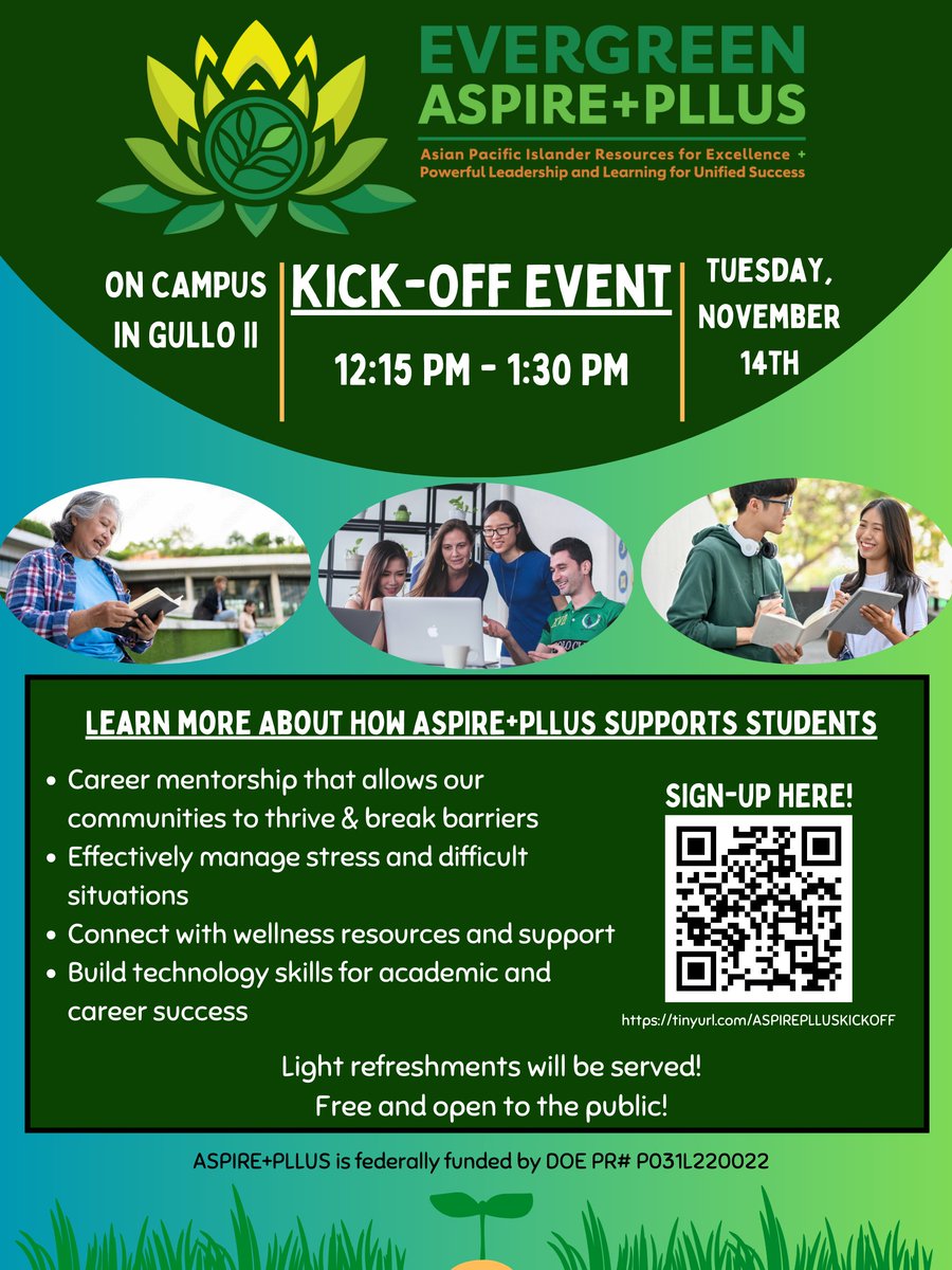 Join EVC's ASPIRE+PLLUS Kick-Off Event on Tuesday, November 14 from 12:15-1:30pm in Gullo II to celebrate and learn about ASPIRE+PLLUS resources, including career mentorship, leadership development, mental health & wellness, and more. Register here: bit.ly/49oDHfm
