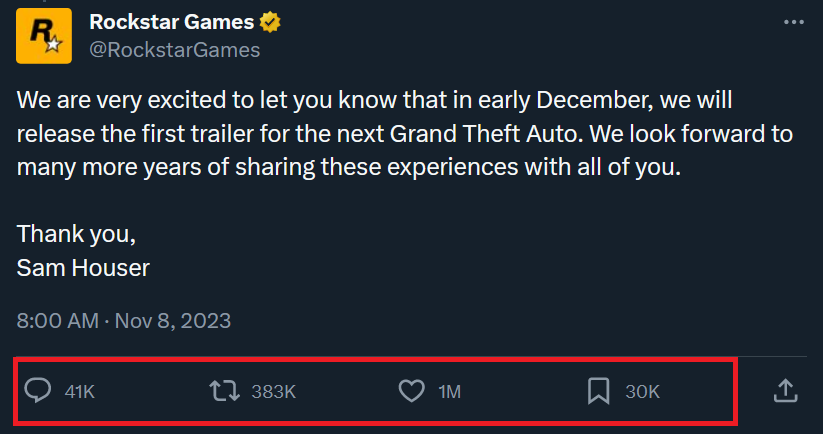 shinobi602's tweet photo. Only Rockstar can get this level of engagement and hype with a single tweet.  

Not even a dang logo needed 😂

#GTA6 #GrandTheftAutoVI https://t.co/mvPgz1e6Pf