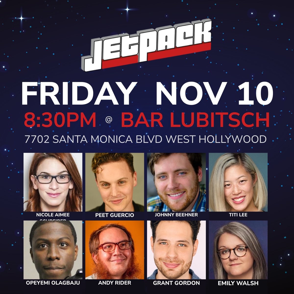 🚀FRIDAY at @BarLubitsch! An absolute chef's kiss of a stand-up show. @nicoleaimee @PeetGuercio @johnnycomic @LeresaTee @Opeyemi @theandyrider @GoGrantGordon @thefunnywalsh @thecomedybureau Get tickets: jetbook.co/e/jetpack-come…