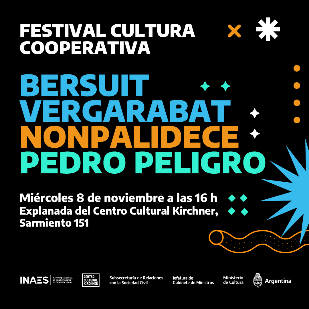 ✨Te esperamos hoy a las 16h en la explanada del Centro Cultural Kirchner | @elcckirchner para disfrutar del 𝗙𝗲𝘀𝘁𝗶𝘃𝗮𝗹 𝗖𝘂𝗹𝘁𝘂𝗿𝗮 𝗖𝗼𝗼𝗽𝗲𝗿𝗮𝘁𝗶𝘃𝗮, con la presentación de <a href="/labersuitok/">La Bersuit</a> , <a href="/nonpaoficial/">Nonpalidece</a>  y @peligro_comunacuatro.
