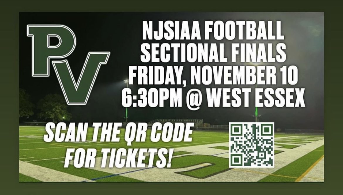 Here is the link to buy tickets for Friday night’s State Sectional Final. Passaic Valley Football @ West Essex. Online is the only way to purchase tickets! Get there EARLY on Friday - lines will most likely be long.  njsiaa.org/tickets
