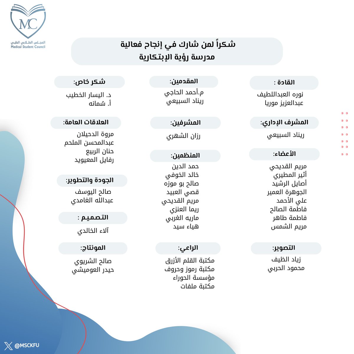 MSCKFU's tweet photo. نشكر القائمين والرعاة على إنجاح أولى ايام مدرسة رؤية الابتكارية

حيث كانت برعاية 🌟: https://t.co/YA1vydDPOn