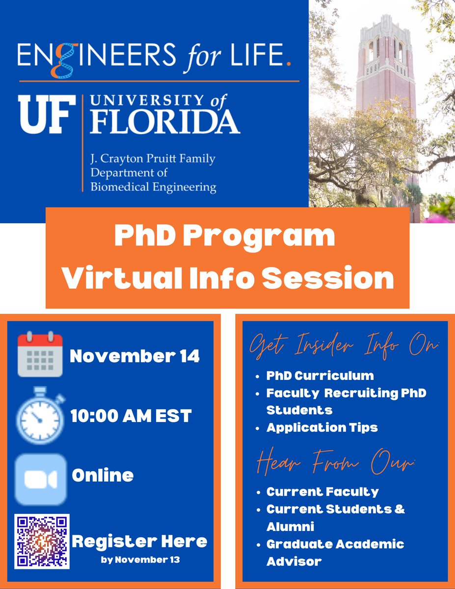 UFBME's tweet photo. UF BME Virtual Ph.D. Info Session on November 14! Are you interested in our Ph.D. program & want to know more about the application process? Don't miss this opportunity to explore your academic journey with us. Registration is required. Questions? Contact @Krista_withaK https://t.co/Mm3F6FLgqd