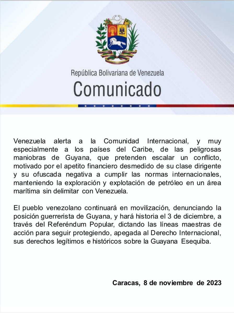 PanCalienteV's tweet photo. #COMUNICADO 🇻🇪

Venezuela rechazo el anuncio de Guyana y EEUU que confirma aumento de presencia militar en la región. 
.
.
.

 #UnidadNacionalPorElEsequibo  #8Noviembre https://t.co/zami9RMTgb