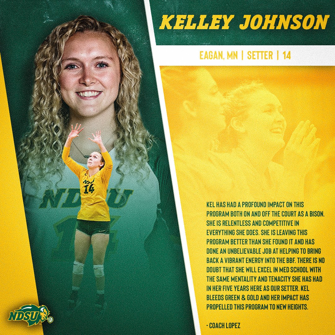 NDSUvolleyball's tweet photo. 𝓢𝓮𝓷𝓲𝓸𝓻 𝓢𝓹𝓸𝓽𝓵𝓲𝓰𝓱𝓽: Kelley Johnson

🏡 Eagan, MN
🏐 Setter
🦬 Bleeds green &amp; gold https://t.co/fEeVPPJO8S
