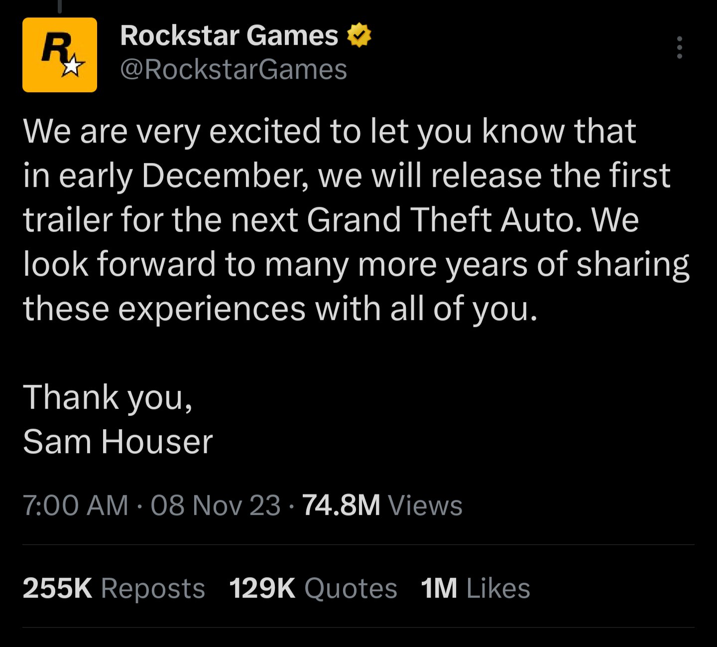 KAMI on X: Rockstar's tweet announcing the GTA 6 trailer is now