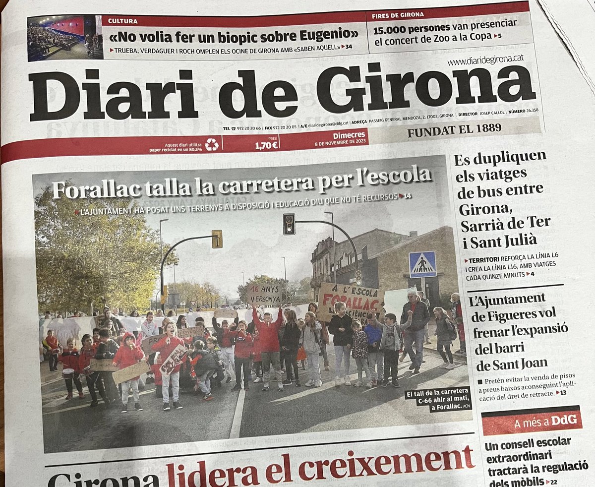 AFAForallac's tweet photo. Avui sortim al @DiarideGirona . Ens hem ben guanyat la portada!!! #EscolaForallac #ProuBarracons https://t.co/A4yrzJ1XwG