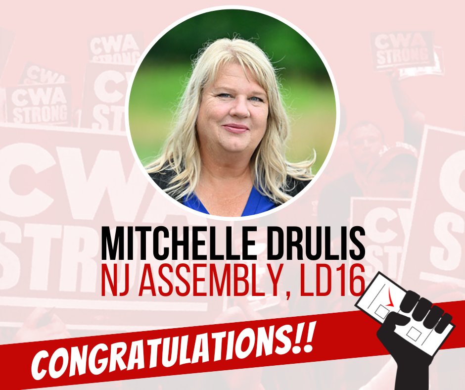 Workers won big in NJ yesterday - CWAers have been going all out for the last several weeks to elect pro-worker candidates in Legislative District 16 and we're proud to see that work pay off! 💪 Congrats to <a href="/njld16dems/">Freiman and Drulis for Assembly</a>: <a href="/AndrewZwicker/">Senator Andrew Zwicker</a>, @AsmRoyFreiman, and Mitchelle Drulis!