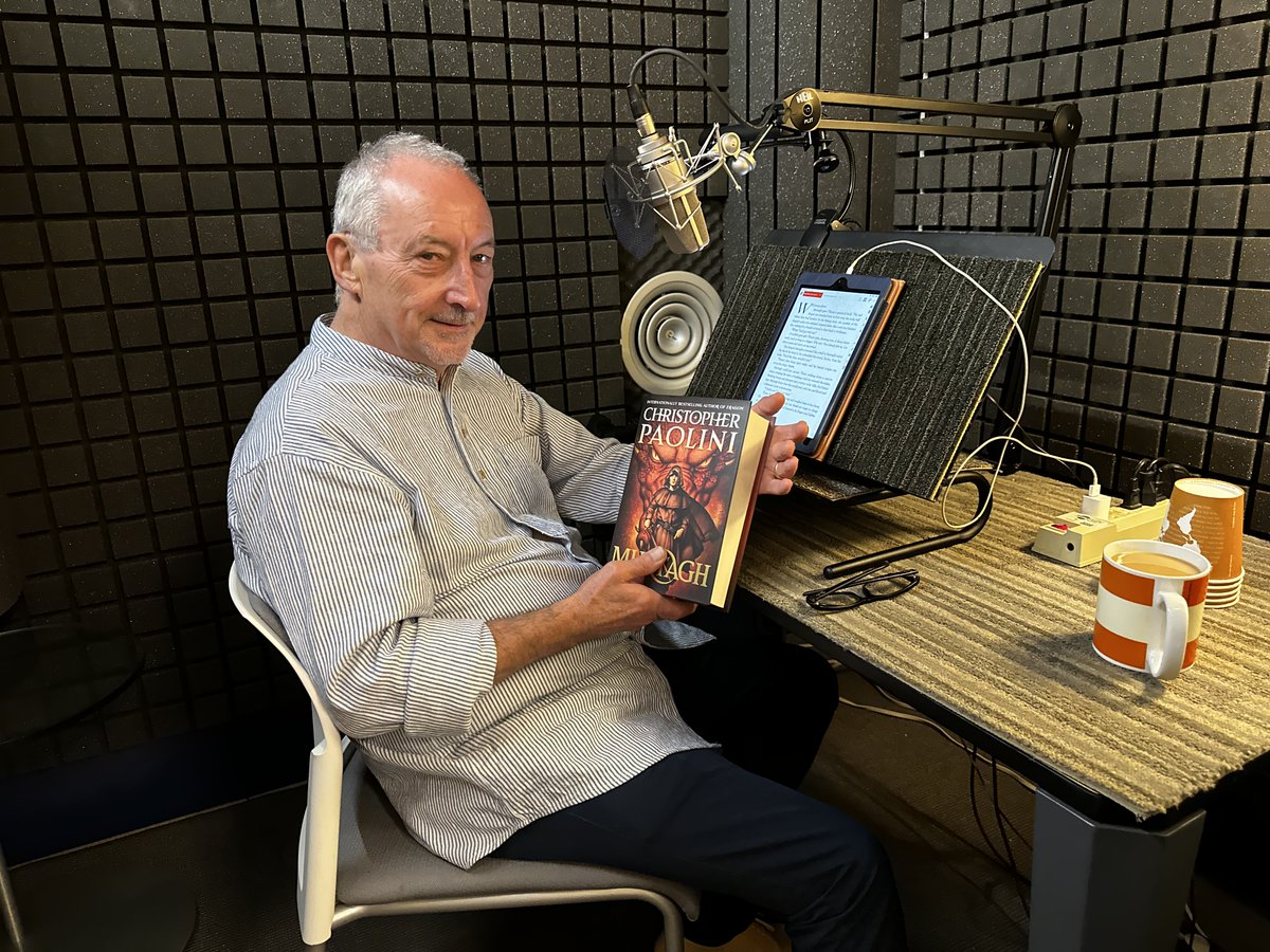 paolini's tweet photo. Scenes from the MURTAGH audiobook recording 👀

We had a lot of fun recording this one! You’ll hear both myself and series narrator Gerard Doyle on the audiobook, available now, wherever you listen to your books. 🎧

@prhaudio @GetUnderlined #Murtagh #WorldofEragon https://t.co/hXfERjUfPe
