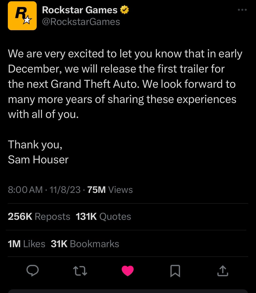 HollowPoiint's tweet photo. Rockstar Games tweet already surpassed 1M likes w/ currently 75M impressions.

🐐 https://t.co/XIeh3YBGRN
