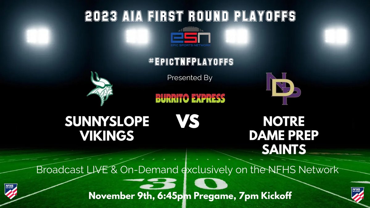 Epic Sports Network (@epicsportstv) on Twitter photo The ONLY place to watch <a href="/SlopeFootball/">Sunnyslope Football</a> at <a href="/NDP_Athletics/">Notre Dame Prep Athletics</a> is below, the exclusive <a href="/NFHSNetwork/">NFHS Network</a> Broadcast on the Epic Sports Network! We're on-the-air at 6:45pm for Pregame! #EpicTNFPlayoffs #AZHSFB๐๏ธ๐๐ฅ
๐๏ธ 11/9
๐ 7pm Kickoff
๐๏ธ <a href="/JP_Bcast/">James Poovey ๐๏ธ</a> & <a href="/edcole43/">Edward Cole</a>
๐บ nfhsnetwork.com/events/epic-spโฆ The ONLY place to watch <a href="/SlopeFootball/">Sunnyslope Football</a> at <a href="/NDP_Athletics/">Notre Dame Prep Athletics</a> is below, the exclusive <a href="/NFHSNetwork/">NFHS Network</a> Broadcast on the Epic Sports Network! We're on-the-air at 6:45pm for Pregame! #EpicTNFPlayoffs #AZHSFB๐๏ธ๐๐ฅ
๐๏ธ 11/9
๐ 7pm Kickoff
๐๏ธ <a href="/JP_Bcast/">James Poovey ๐๏ธ</a> & <a href="/edcole43/">Edward Cole</a>
๐บ nfhsnetwork.com/events/epic-spโฆ