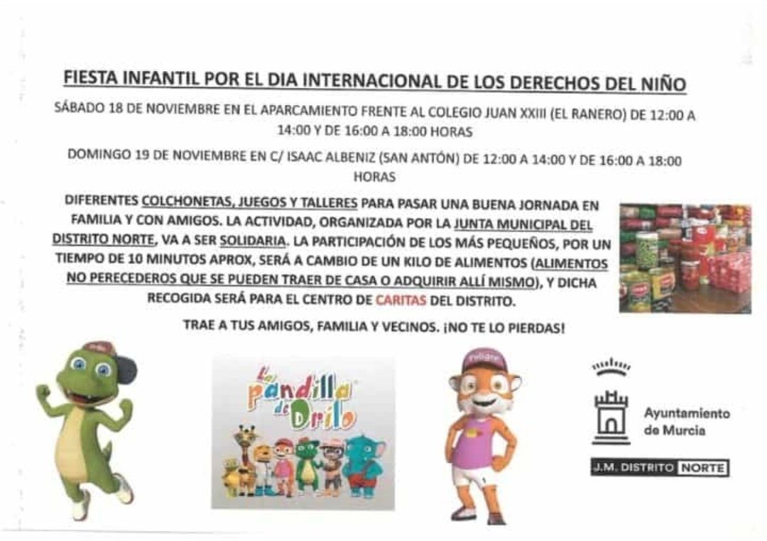 acobasamurcia's tweet photo. 🎉🎈Fiesta infantil #DíaInternacionalDerechosDelNiño

📅Sábado, 18 noviembre 👉 📍 Aparcamiento Colegio Juan XXIII (El Ranero)
📅 Domingo, 19 de noviembre 👉📍C/Isaac Albéniz (San Antón)

ℹ️ Organizada por la @JuntaNorte. 
ℹ️Solidaria. Se recogerán alimentos para el CDA San Antón https://t.co/QLDvKHPAdj