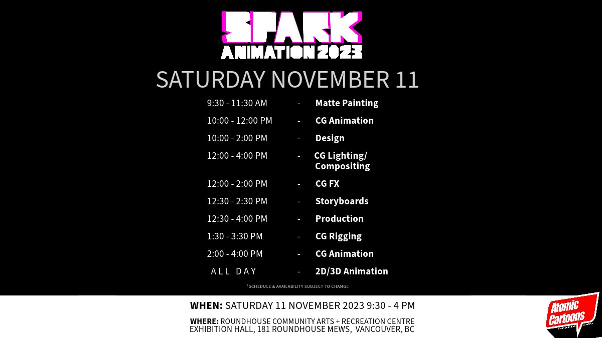 Want to work with us? 🙌 Come link up with us at @SparkCG Career Fair this Saturday at the Roundhouse to meet the Atomic Cartoons team! 👀 Take a peek at our booth schedule. We're excited to see you there! 🔗 For more details ow.ly/osNb50Q5Byu #animationcareers