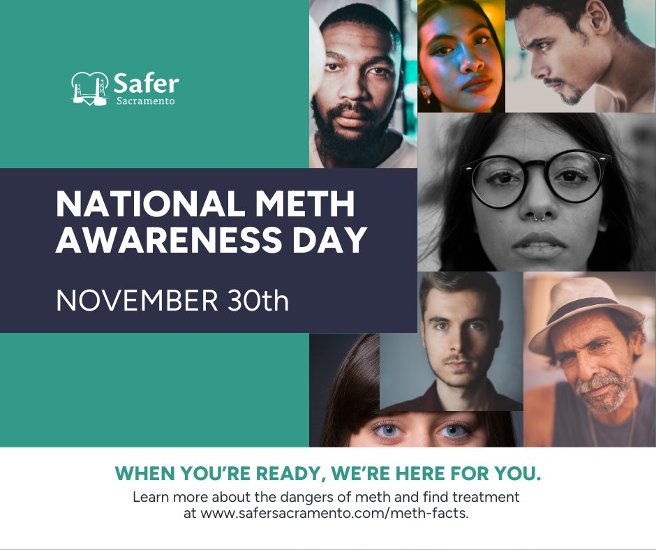 November 30th is National Meth Awareness Day. According to the Sacramento County Coroner's Office, SAC County suffered 250 meth-involved deaths in 2021 and 280 in 2022. Learn more at bit.ly/49jhjEh. #RecoveryIsPossible #MethAwareness #Recovery