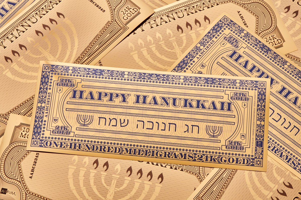Celebrate Hanukkah with one of our beautiful, historically inspired Aurum®. We offer a single 100mg Hanukkah Blue bill or choose to celebrate every night of Hanukkah with the Menorah Set, which includes eight 24 karat gold bills.

Shop: bit.ly/3WmHcMF

#gold