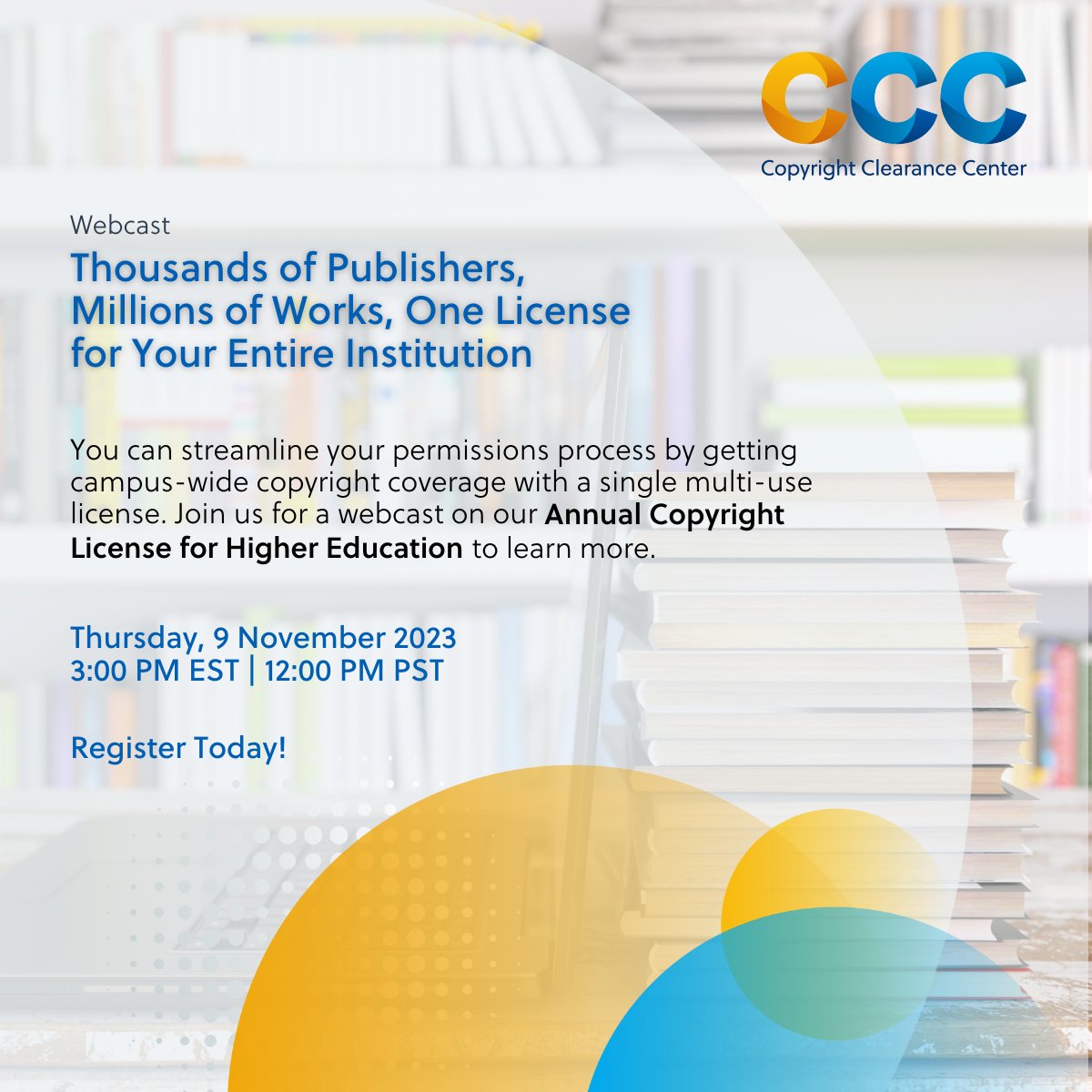 Join @copyrightclear tomorrow to learn how to streamline your #permissions process and #campus-wide #copyright coverage with a single multi-use license for #HigherEducation. Register now: copyright.com/landing/9-nove…