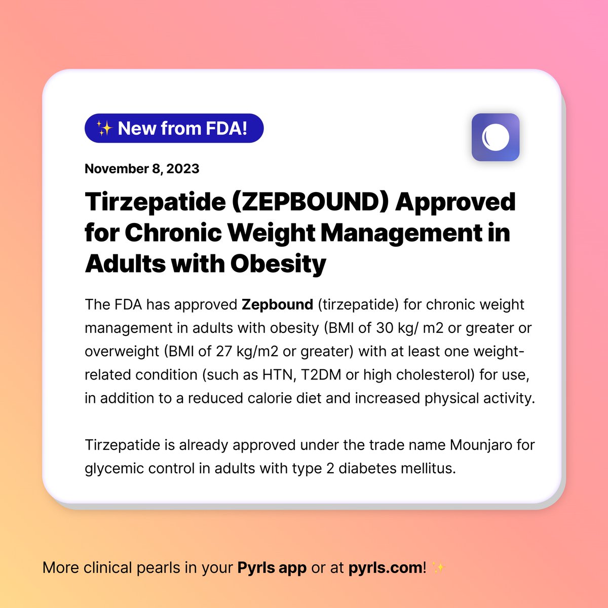 is tirzepatide fda approved for obesity Tirzepatide (ZEPBOUND) Approved for Chronic Weight Management in Adults  with Obesity ✨ The FDA has approved Zepbound (tirzepatide) for chronic  weight management in adults with obesity (BMI of 30 kg/ m2 or
