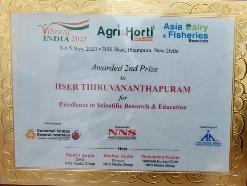 tvmiiser's tweet photo. Congratulations to the Team IISER TVM for winning the second prize at 9th Vibrant India Expo 2023, Dilli Haat,  New Delhi. The prize is for promoting excellence in scientific research and education in India.  

 @tvmiiser @EduMinOfIndia https://t.co/AJwZcOGErU