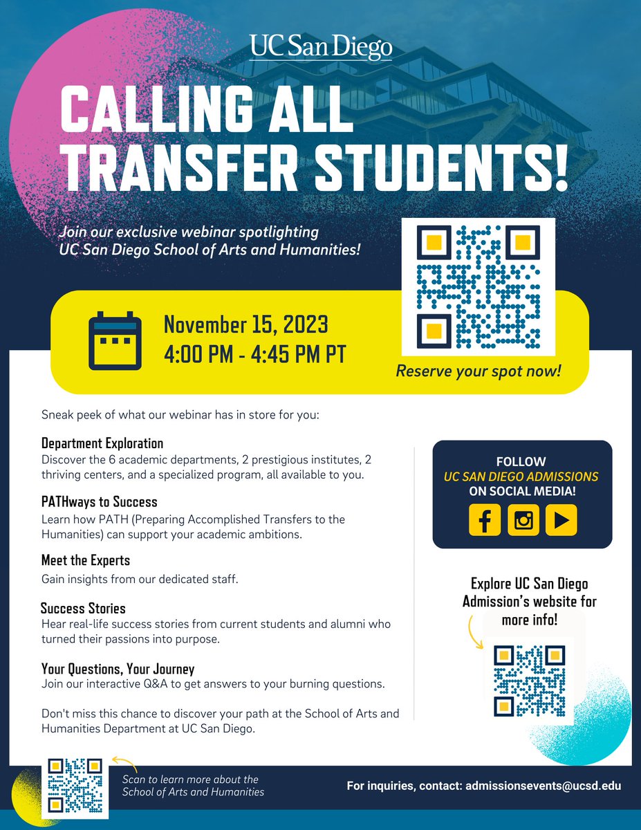 sdccdpath's tweet image. Check out UCSD webinar presenting their Arts and Humanities school and the continuation of our PATH program

This November 15th from 4-4:45PM PT
Reserve your spot using the QR code