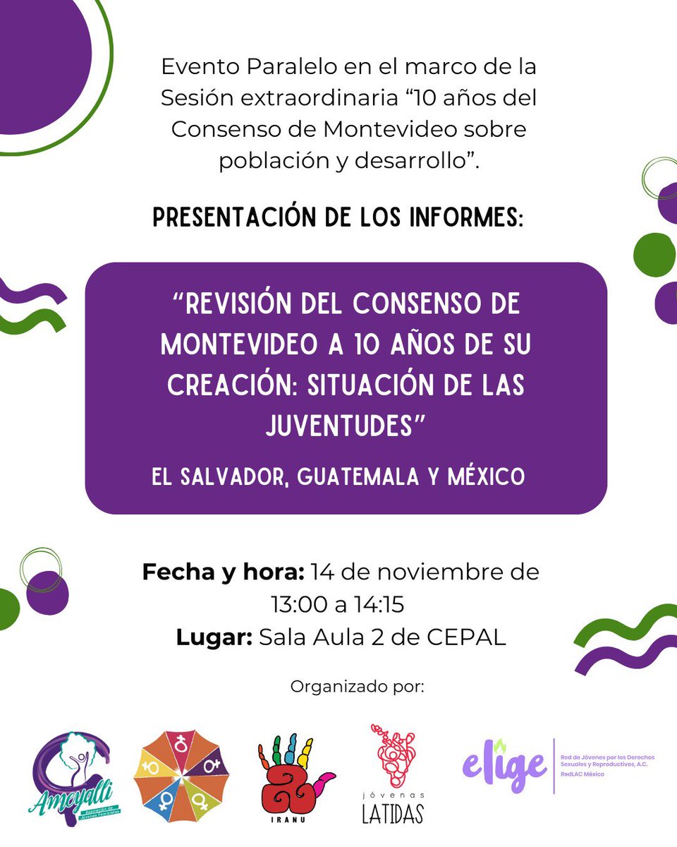 La próxima semana estaremos presentando, en CEPAL, informes de juventudes en el marco del Décimo Aniversario del #ConsensodeMontevideo. 💜

Si estarás en Chile y te interesa la situación de las juventudes en la región, acompáñanos en este evento paralelo.

#CMparatodaslaspersonas