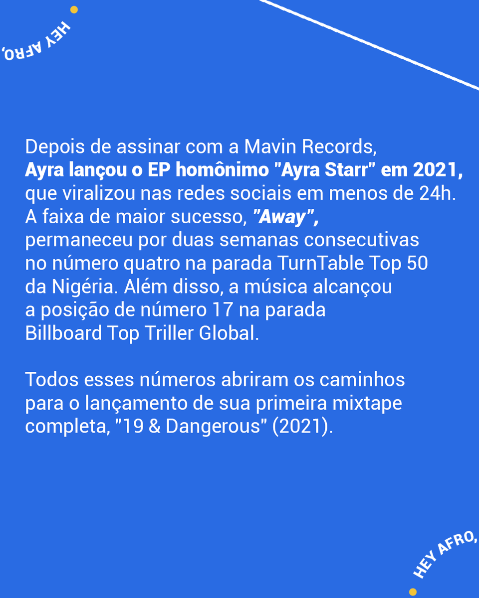 AfroDspConnect's tweet photo. 🎶🔥 Hey afro, vem ver a dica dessa semana. 

Vem conhecer um pouco da cantora de R&amp;B, nigeriana, Ayra Starr. https://t.co/G1ZQMdeKcQ
