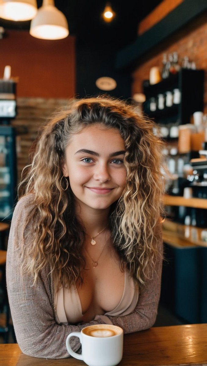 HansKorner_'s tweet photo. Sexy coffee show girl showing off her cleavage

#curlyhair #cleavage #Portrait #AIArtworks https://t.co/ChKCA4YLVa