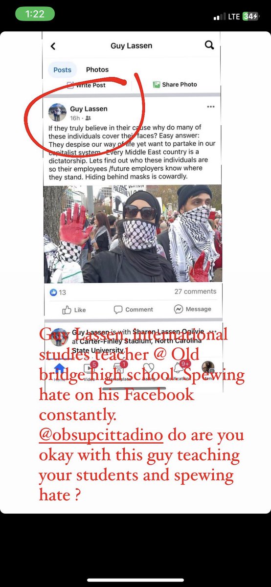 Izzy_Alix3's tweet photo. @obhs_announce @KnightlyWrapUp 

How do you have a history teacher teaching our youth and future youth that spews hate online and hatred towards the Middle East??? https://t.co/AXnoLd339E