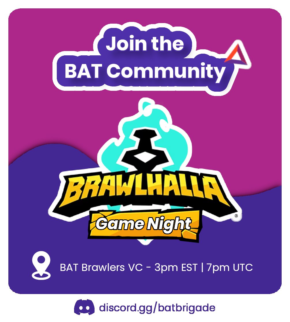 BATNicolasWork's tweet photo. Get ready to join me in the
@BAT_Brigade, for some more #Brawlhalla events!

-⚔️ Free-For-All Battle! 
-🎁 sBAT prizes for all participants! 
-🎙️https://t.co/cr43rZSfxP 

Come by Nov. 8th &amp; 9th, 3PM EST | 7PM UTC in https://t.co/cr43rZSfxP

Graphic: @BelladoneDC | #BAT #Brave https://t.co/lXMu31BzZM