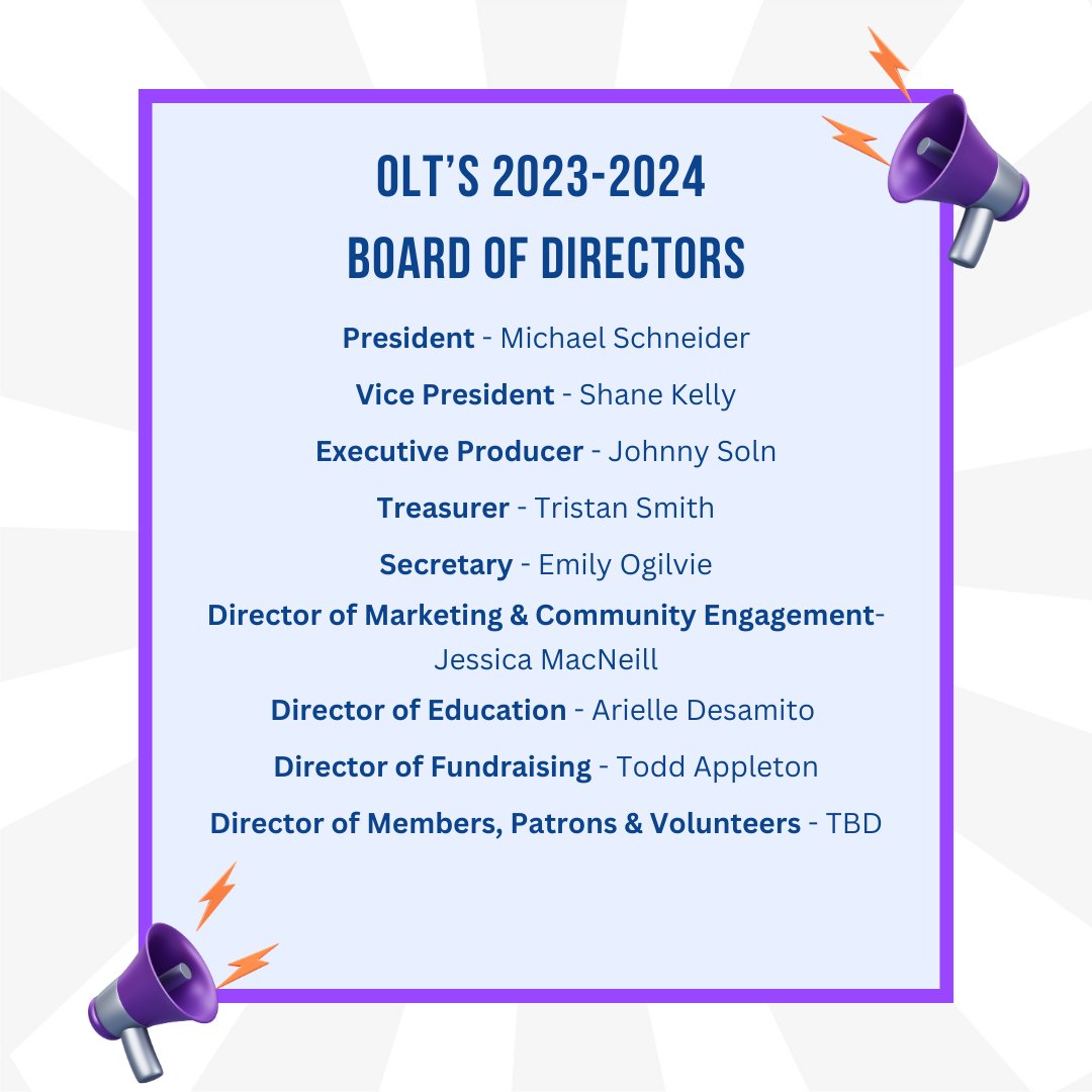 Last night, Oshawa Little Theatre hosted its AGM and elected its new Board of Directors.  

A special thank you to our outgoing board members: Carol Salamone, Miguel Esteban, Alexandra Lembo, Rob Murphy, and Jason Butler-Burns for their exceptional contributions to OLT!