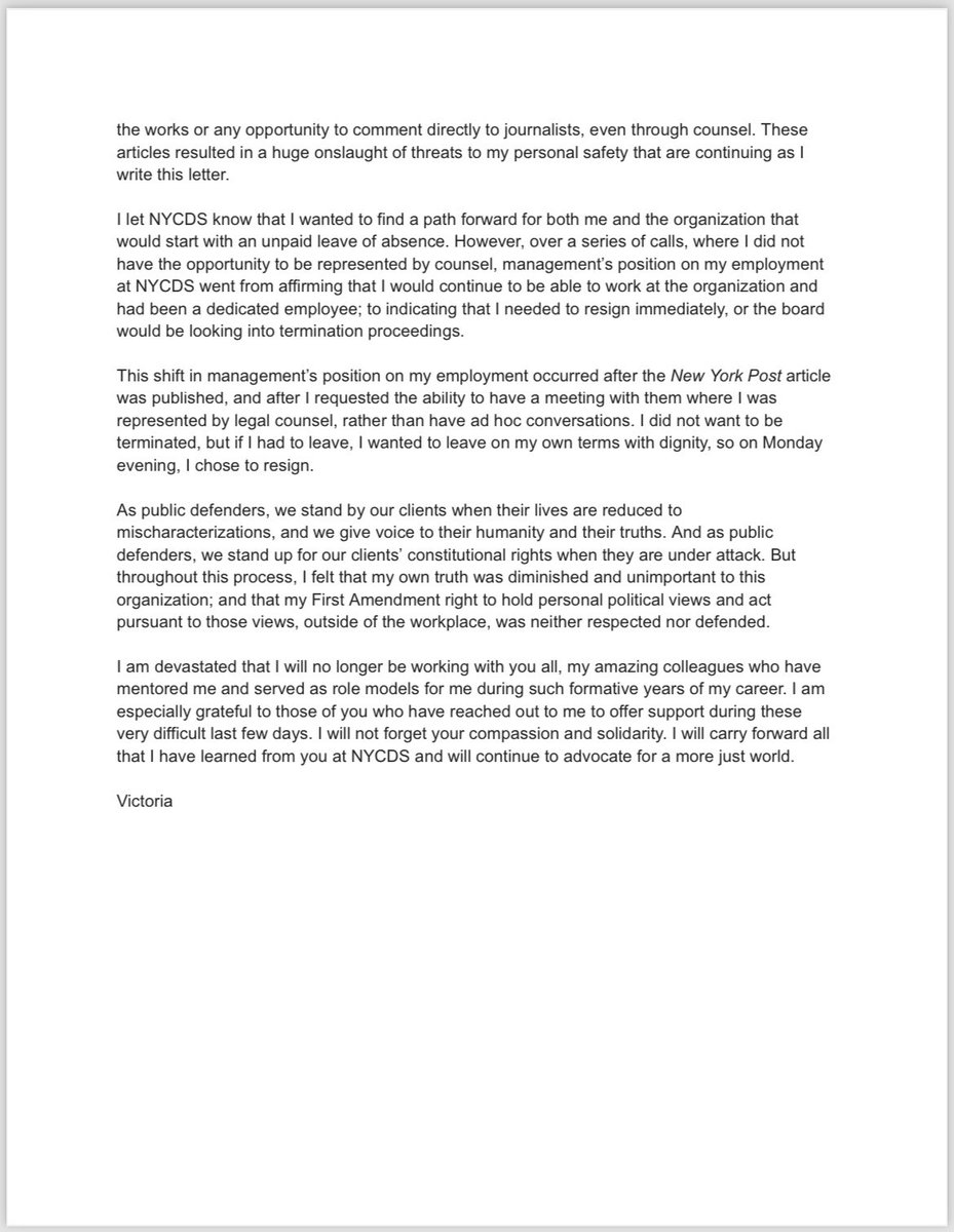 Victoria Ruiz was forced out of her work at NY County Public Defenders for participating in a vigil for Gaza and reacting – peacefully, silently – to provocations from counter-protesters.

Her full letter of resignation – with necessary context – was posted last night.