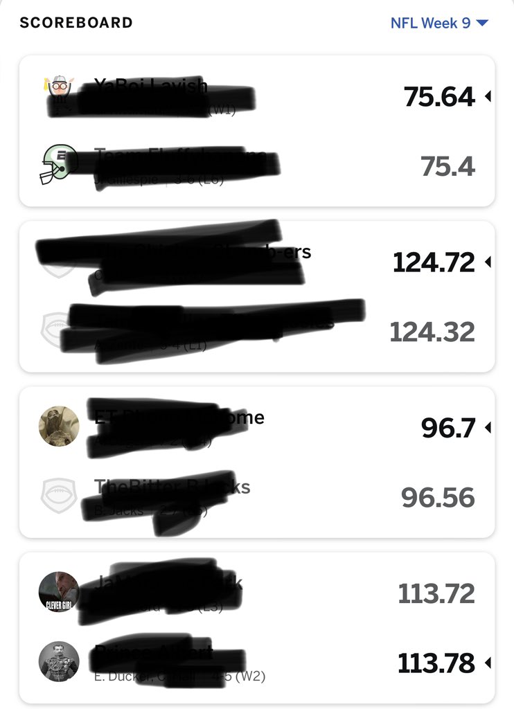 TheTrueRitt's tweet photo. In our league, 4 out of 5 of match ups were decided by a combined .84 points, have you ever seen that before? @FieldYates https://t.co/QsCfhtqZI4