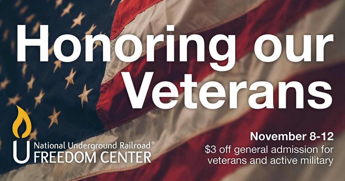 The National Underground Railroad Freedom Center is honoring those who protect our country and the freedoms we enjoy by offering $3 off admission to all veterans and active military personnel from November 8-12. To book your tickets follow the link below! bit.ly/46V3b2h